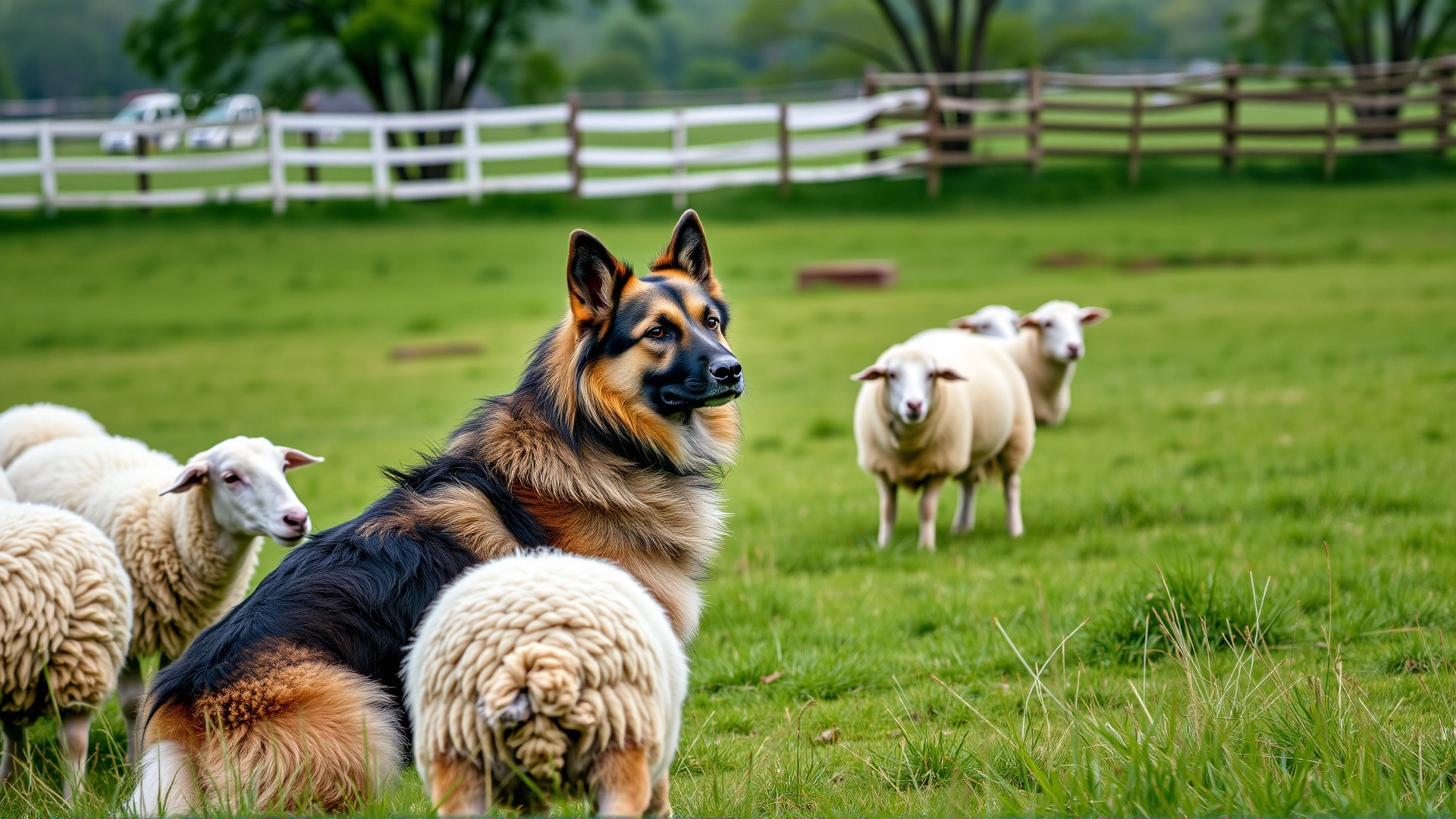 Central Asian Shepherd Dog calmly watching over a flock of sheep in a fenced pasture, demonstrating its guardian temperament.