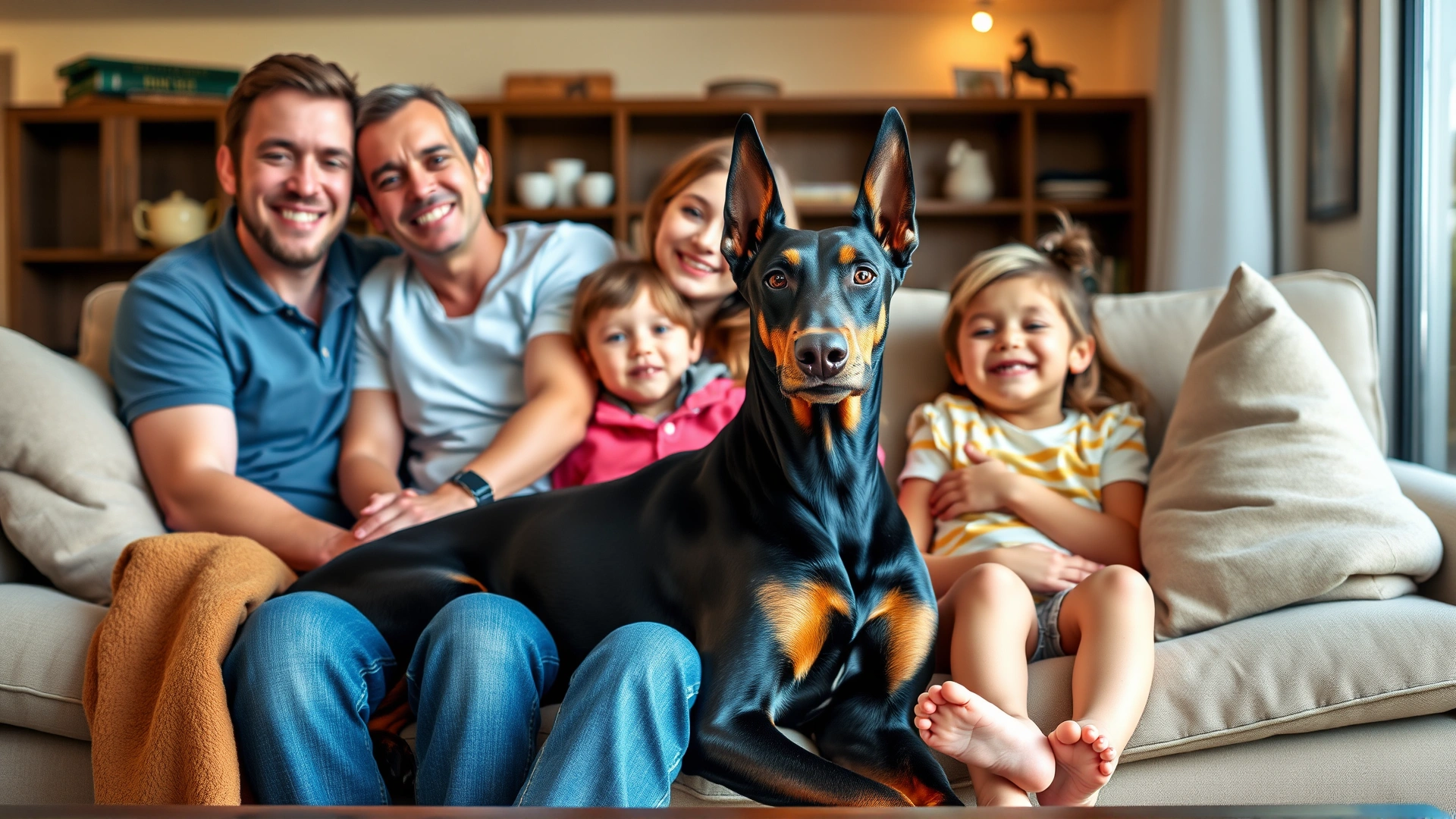 Doberman Pinscher sitting calmly with a smiling young family on a cozy living room couch, showing its friendly temperament.