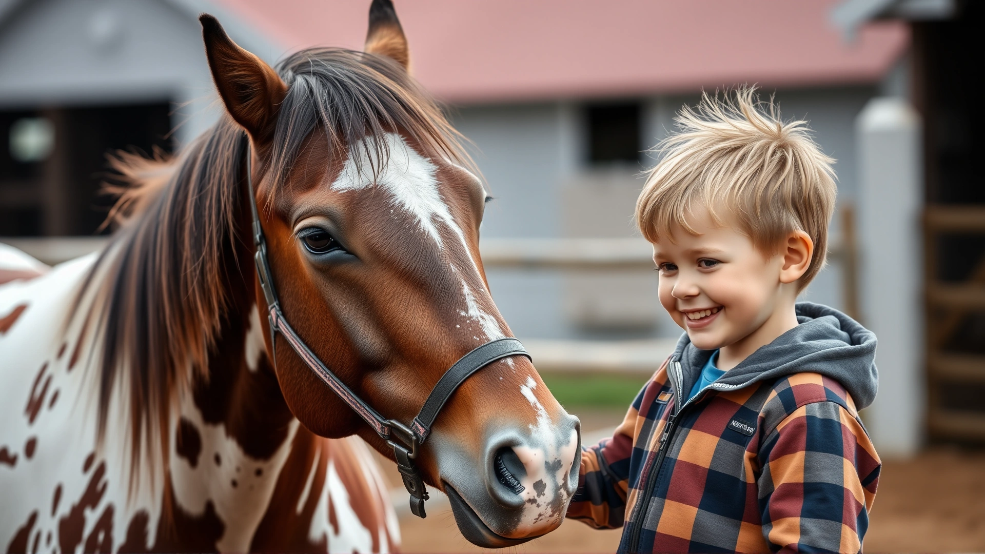 Smiling child gently petting a calm American Paint Horse on a farm, highlighting the breed's friendly temperament.