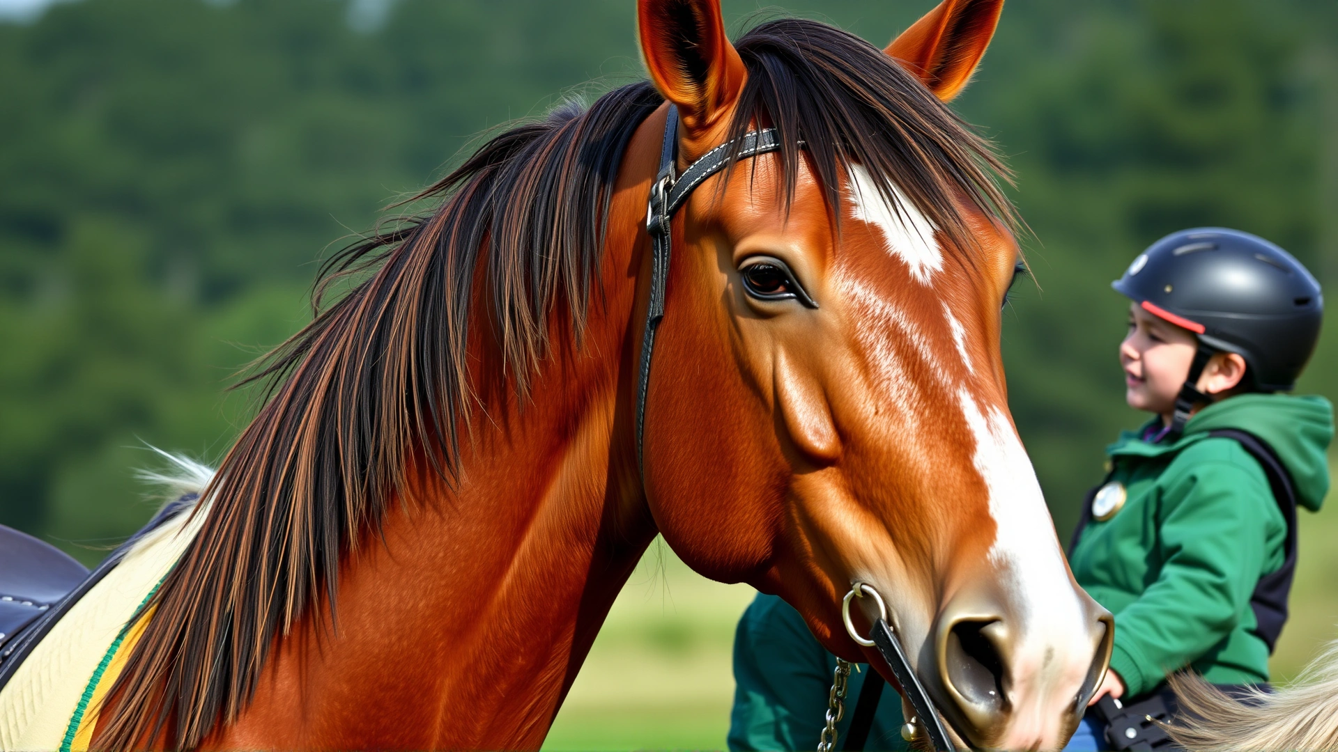 Close-up image of an American Indian Horse gently nuzzling a young rider, showcasing the breed's friendly temperament.