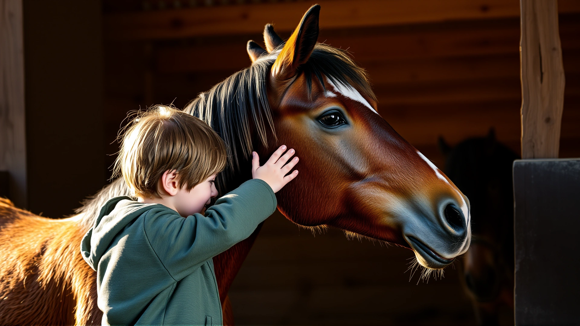 Child gently patting a calm Welsh Cob in a stable, showcasing the breed's friendly temperament, warm natural light, no text.