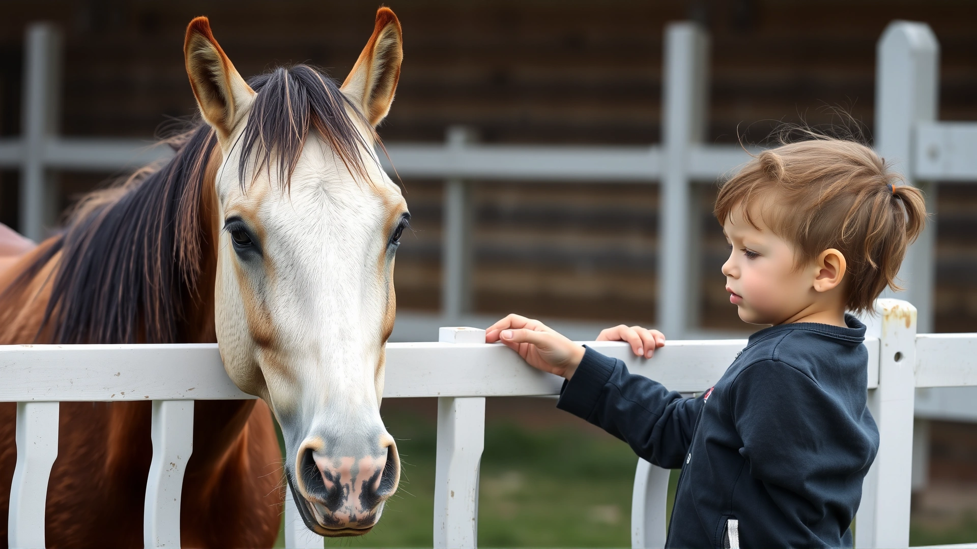 A young child gently petting a calm Falabella horse over a white fence, showcasing the breed's friendly temperament