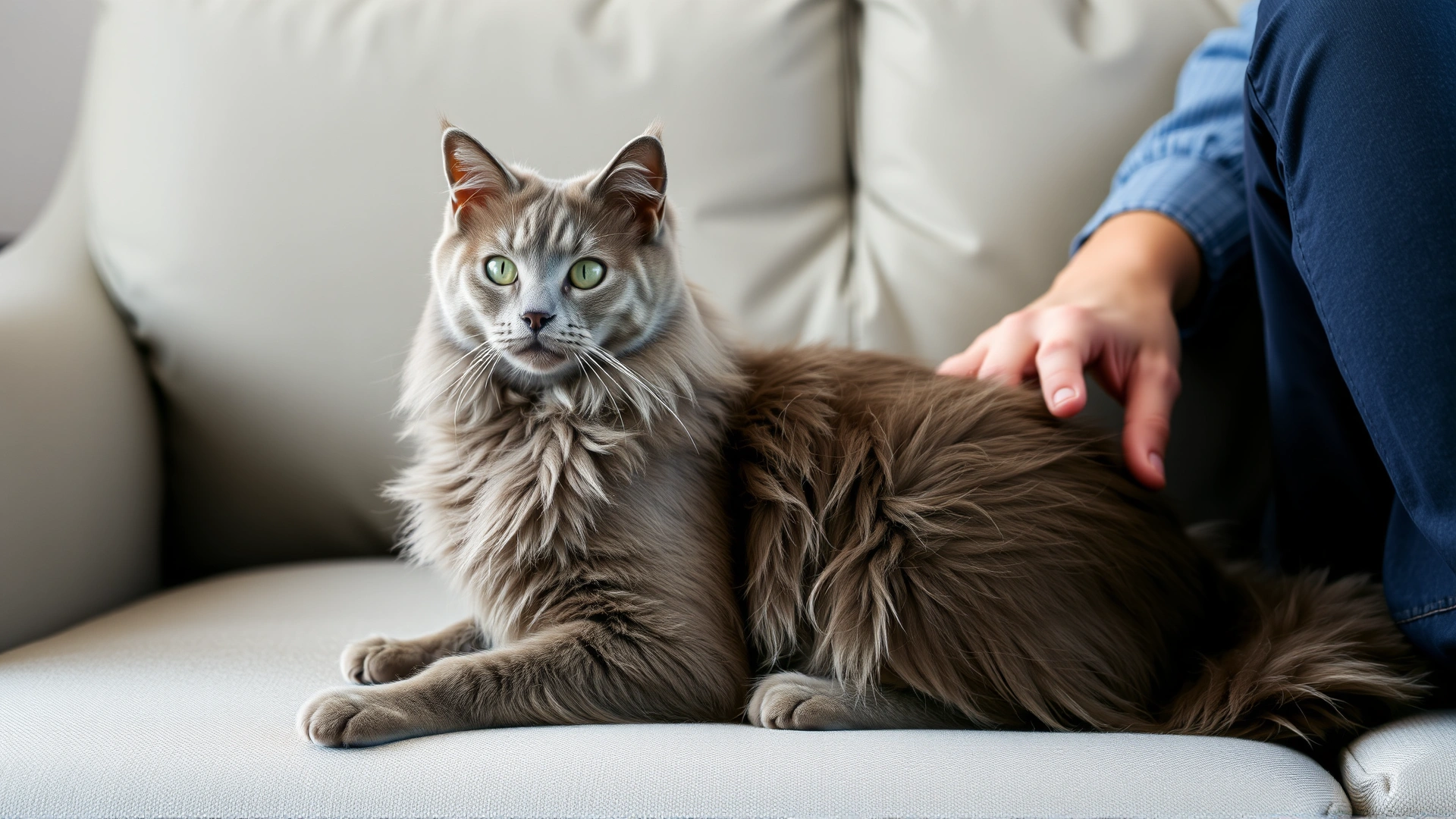 A Nebelung cat sitting calmly beside its owner on a sofa, looking alert yet relaxed, conveying the breed’s loyal and gentle temperament.