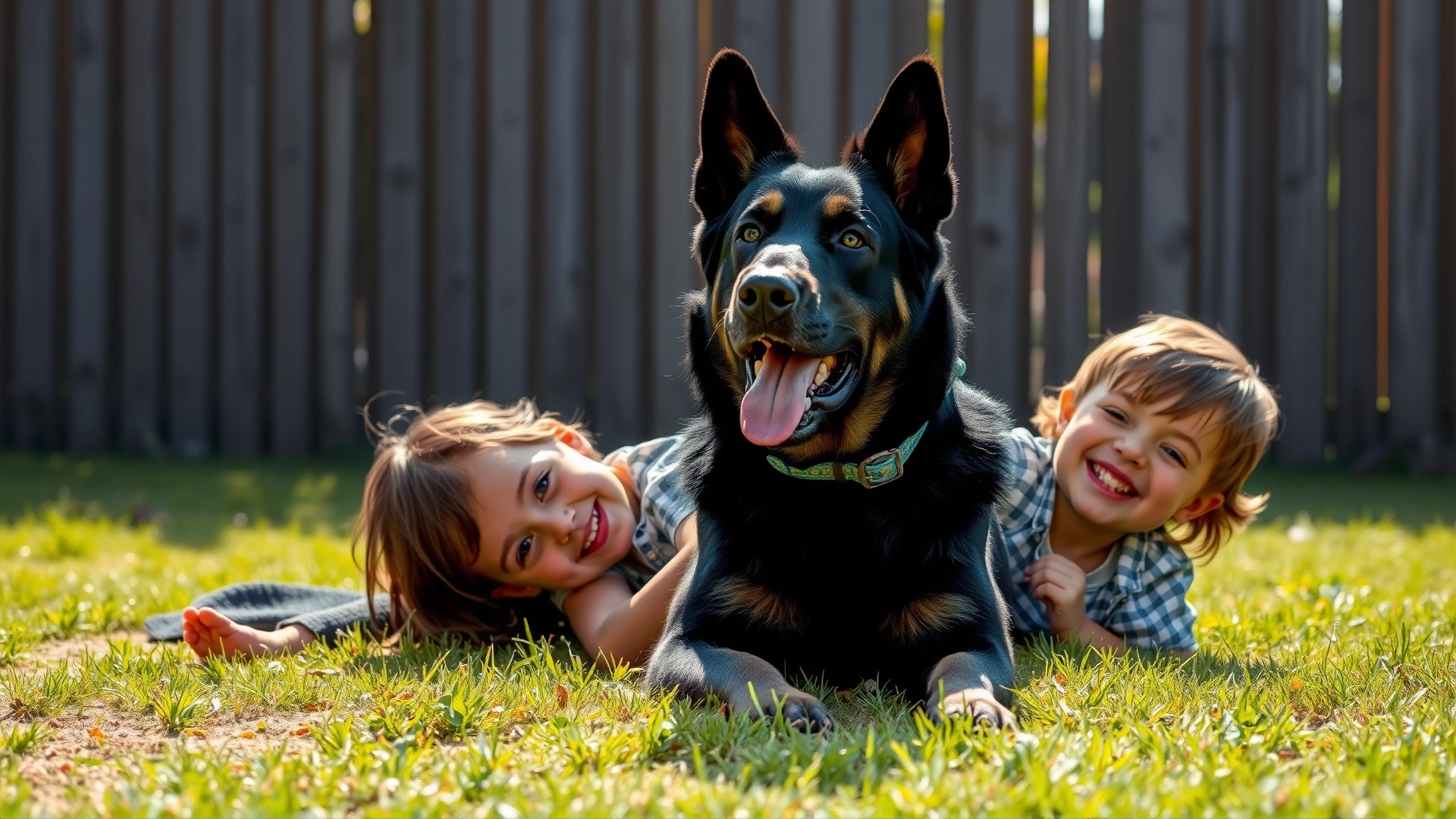 Beauceron gently playing with two smiling children in a fenced backyard, showing its calm yet protective nature, bright midday light.