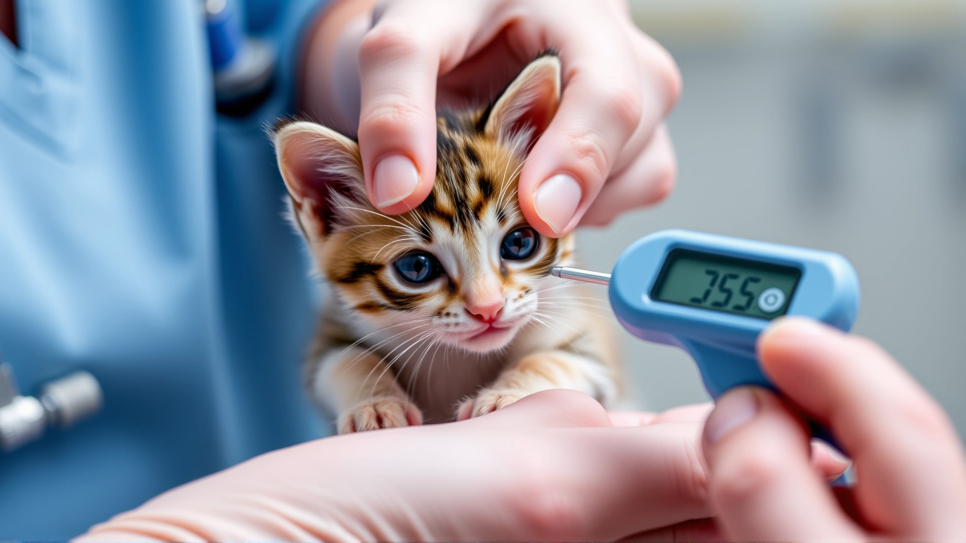 Human hand using a small digital thermometer to measure the body temperature of a tiny kitten, veterinary setting