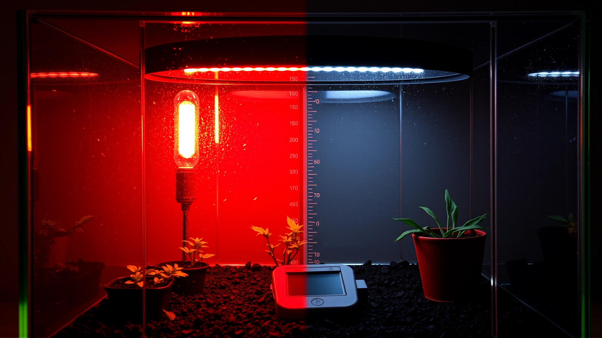 Photo of a glass terrarium showing a clear temperature gradient: heat lamp glowing on one side, shaded cool area on the other, with a digital thermometer visible.