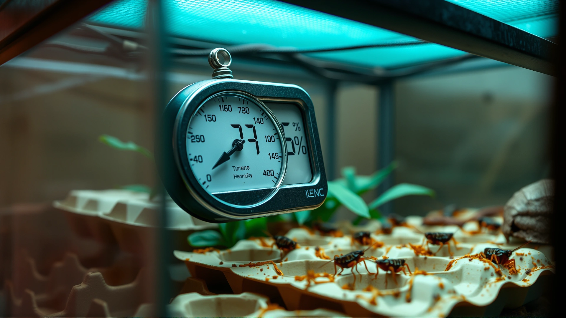 Thermometer and hygrometer attached inside a reptile terrarium showing 29°C and 50% humidity, with crickets crawling on egg cartons, high-resolution photo