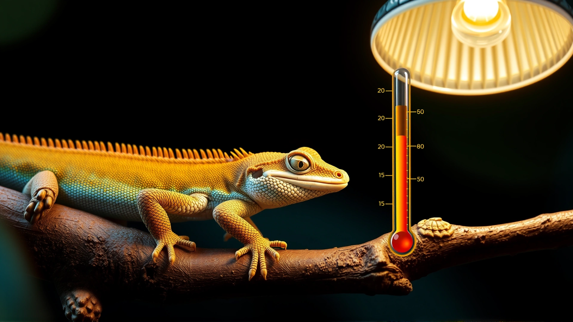 Close-up image of a Chinese water dragon perched directly under a basking lamp on a thick branch, illustrating temperature gradient. No thermometers or text in frame.