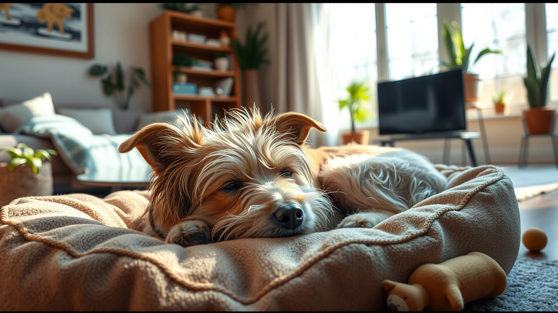 Content stray dog sleeping on a cozy dog bed inside a warmly lit living room, plants and toys around