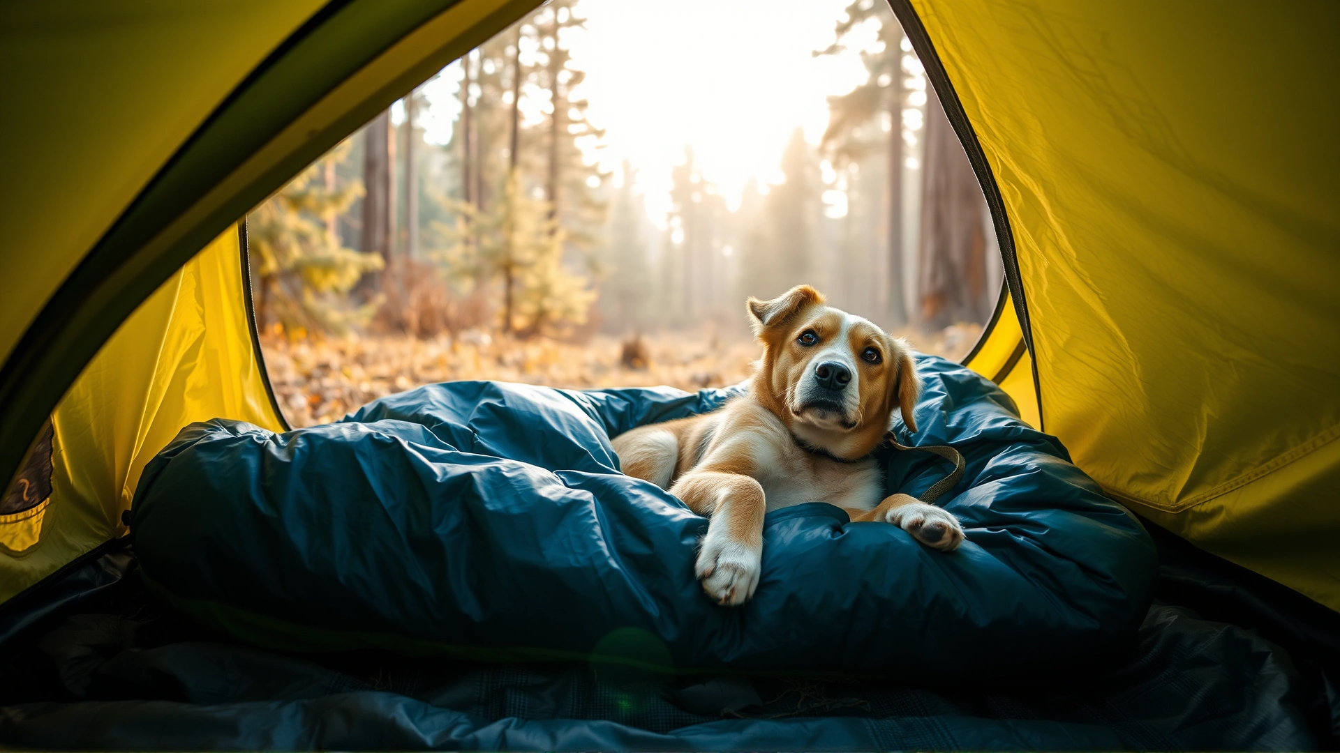 Dog lying comfortably on a sleeping bag inside an open tent flap, soft morning light entering, forest scenery visible outside, no text on image