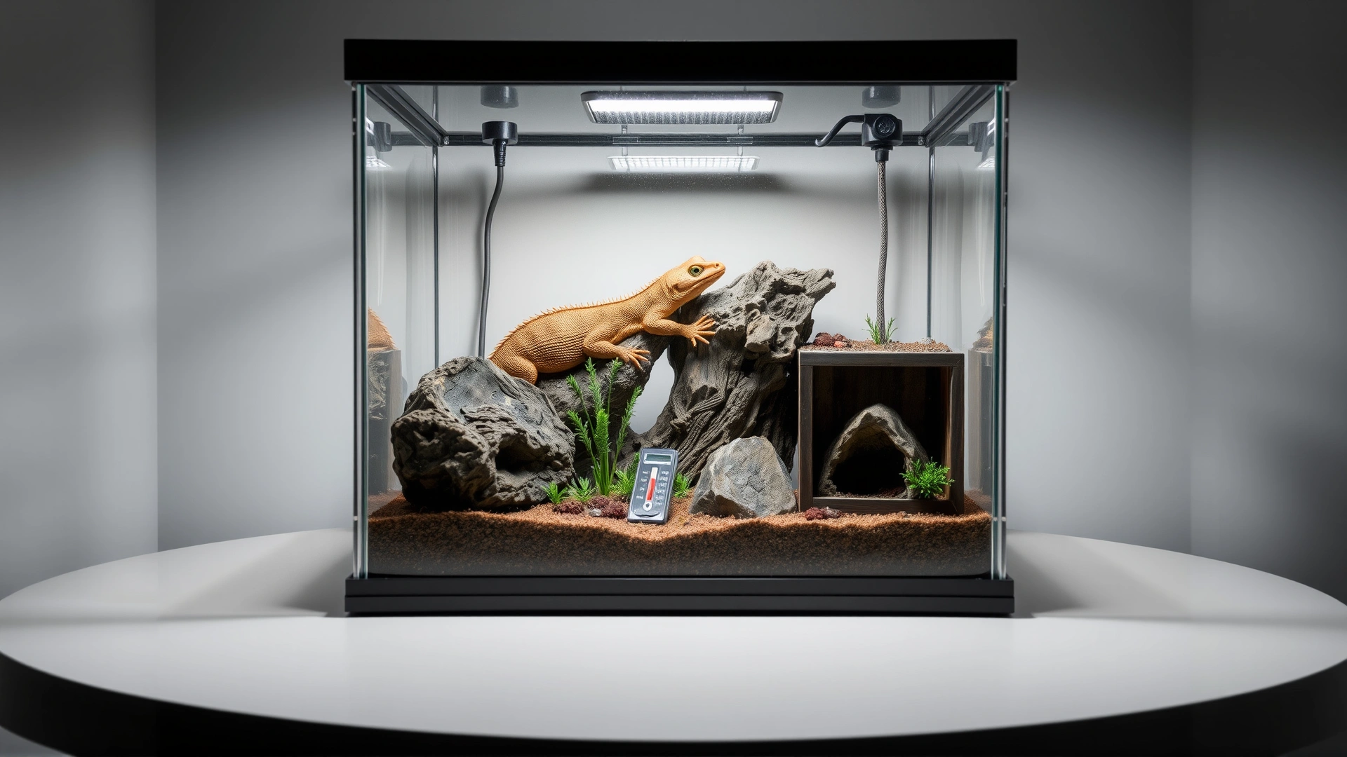 Well-decorated glass terrarium with heat lamp, temperature gauge visible, proper substrate and hide boxes