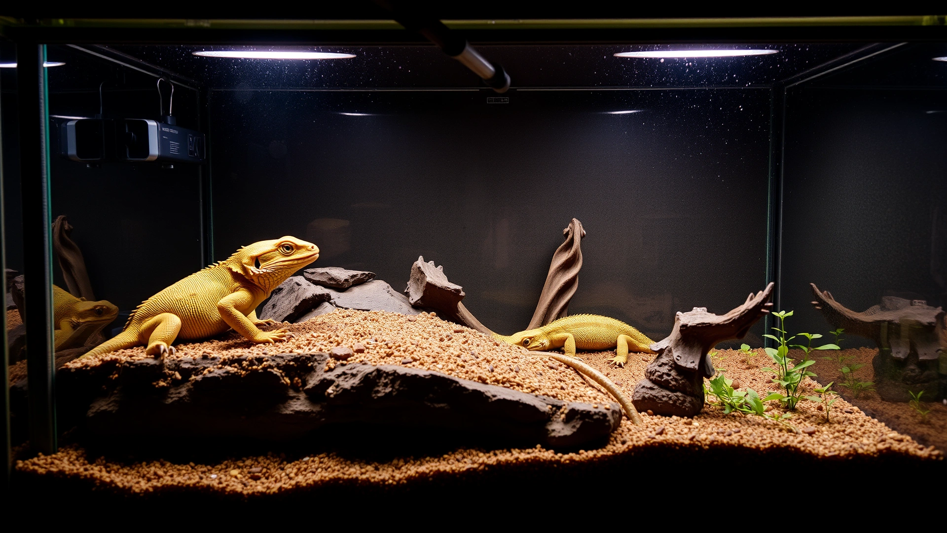 Well-maintained reptile terrarium with correct lighting, heating equipment, clean substrate and basking area demonstrating ideal husbandry