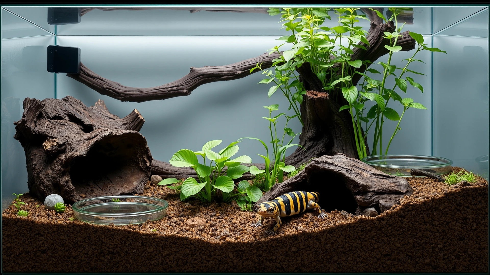 Horizontal glass terrarium with naturalistic substrate, live plants, a bark hide, shallow water dish and an adult tiger salamander partially emerging from a burrow.