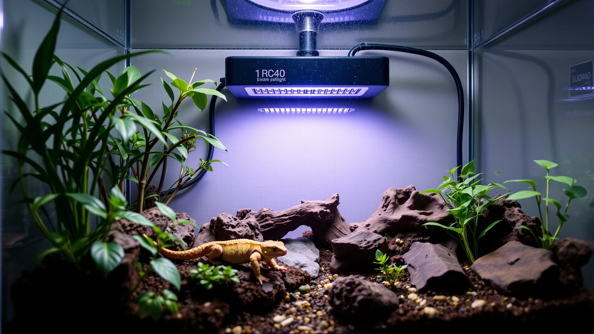 Neatly arranged glass terrarium with proper heating lamp, UVB light, plants, and hiding spots for a gecko, no text