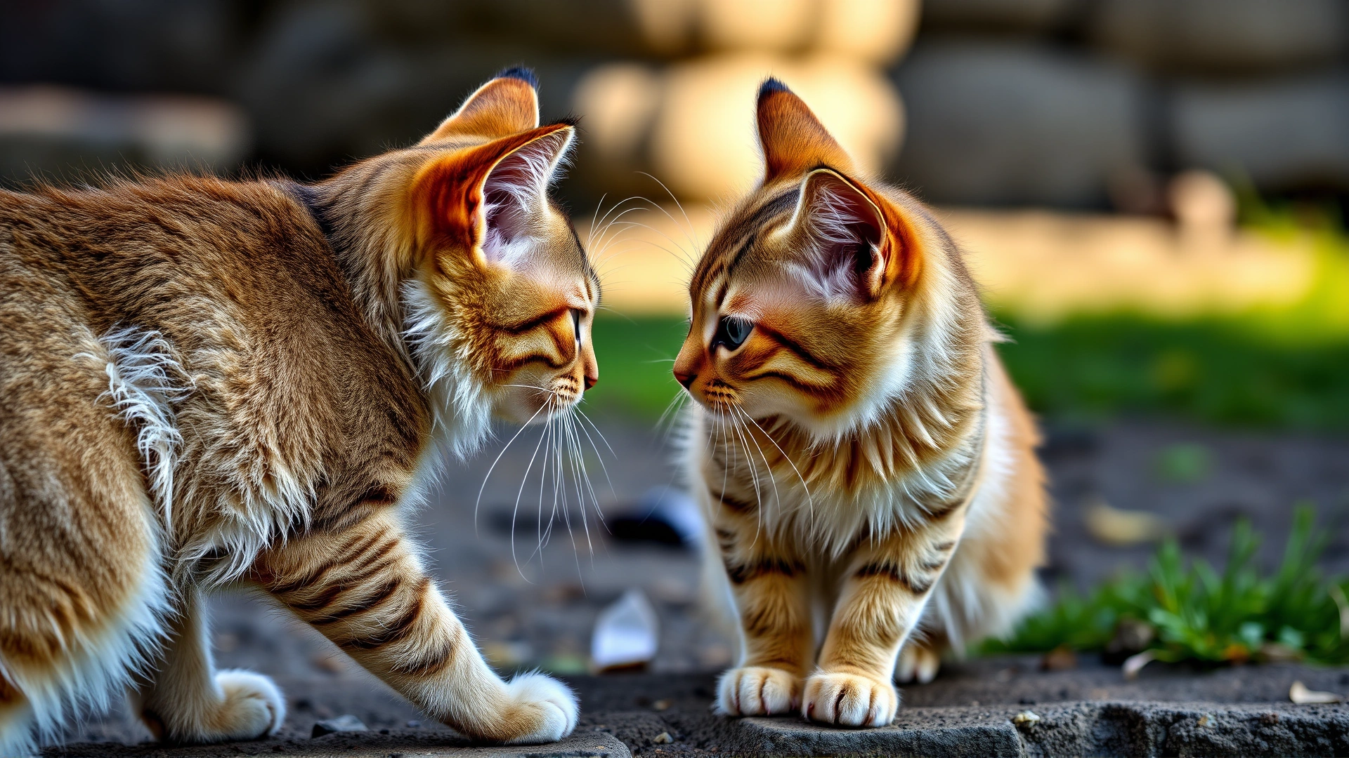 Two adult cats facing off outdoors, tails fluffed and ears back, illustrating territorial aggression.