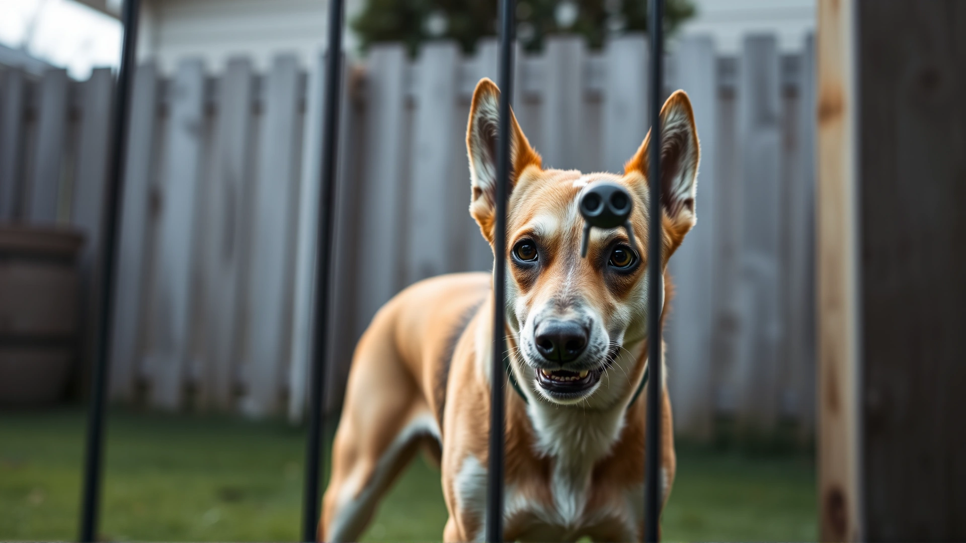 Dog standing behind a backyard fence, alert posture and slight growl, to represent territorial growling.