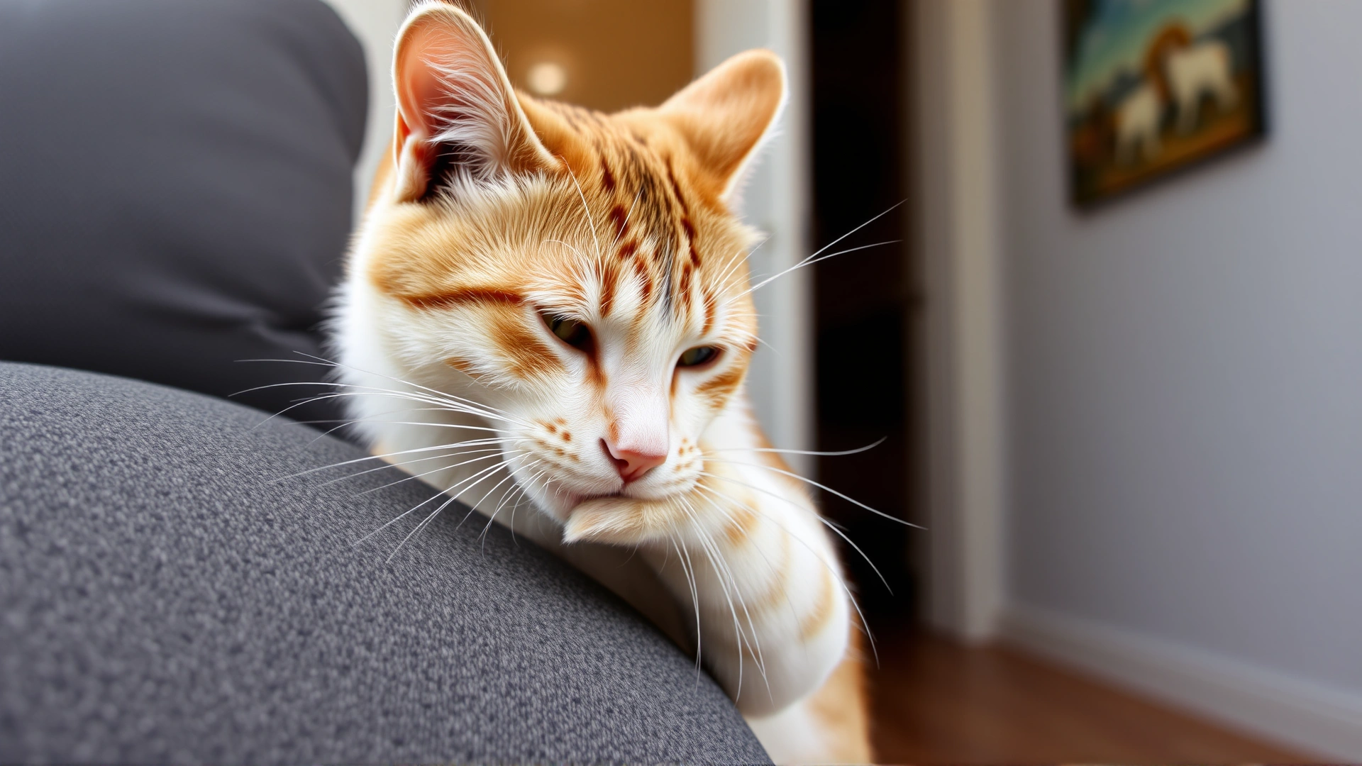 Single adult cat rubbing its cheek against a couch arm to mark territory, close-up shot highlighting scent glands, indoor setting