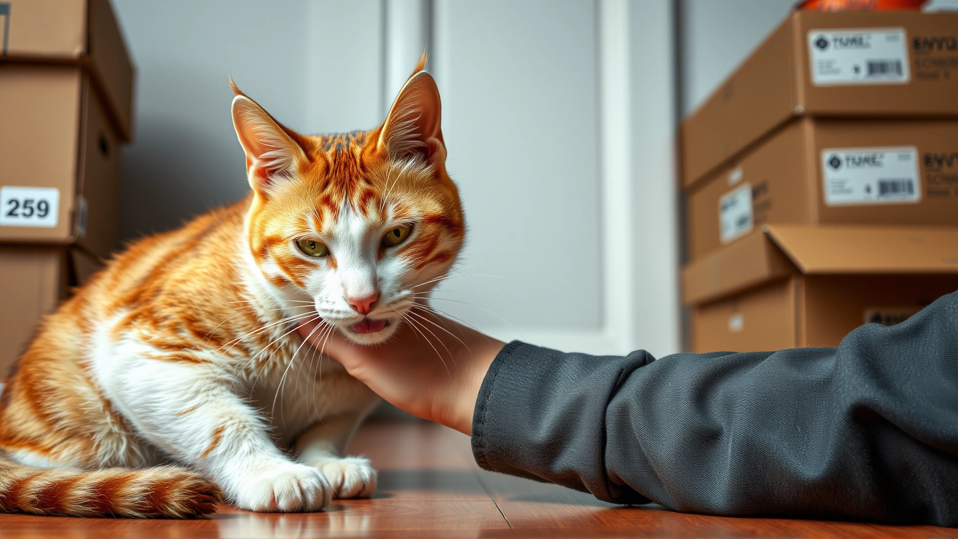 Cat rubbing and lightly licking its owner's forearm next to a stack of moving boxes, illustrating scent-marking in a new environment.