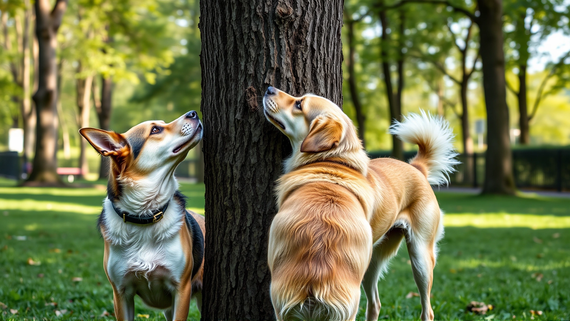 Two dogs in a park, one sniffing a spot on a tree while the other waits behind, illustrating over-marking behavior.