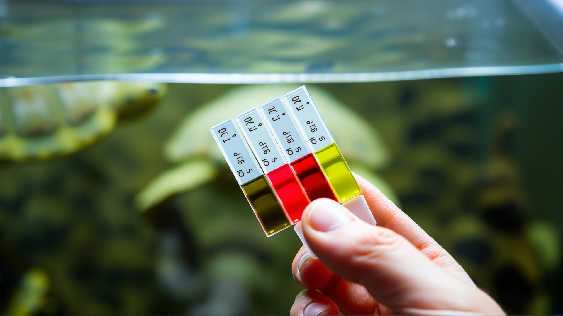 Close-up of a hand holding multi-colored water test strips with a blurred turtle tank in the background.