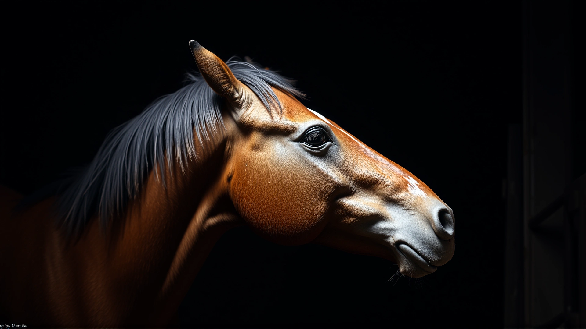 A horse standing rigidly in a dim stable with its third eyelid partially covering the eye, ears pinned back, demonstrating classical tetanus symptoms