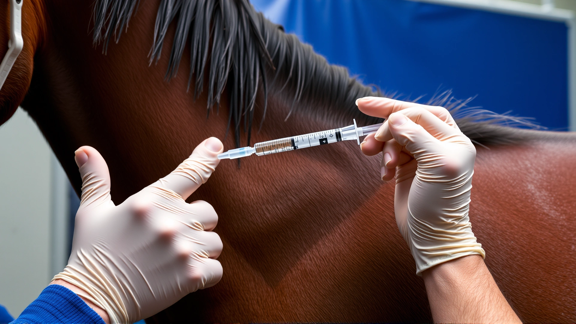 Photo of a veterinarian administering an intramuscular tetanus booster into a horse’s neck using a sterile syringe.