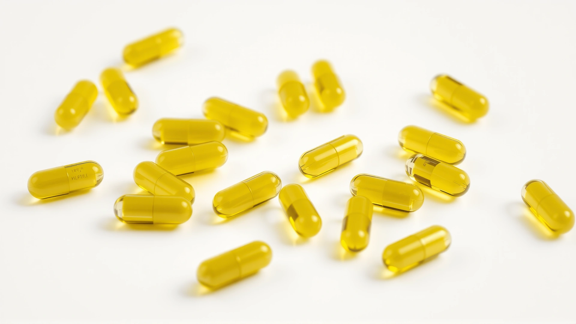 Macro shot of yellow tetracycline capsules scattered on a clean white surface, high detail, studio lighting
