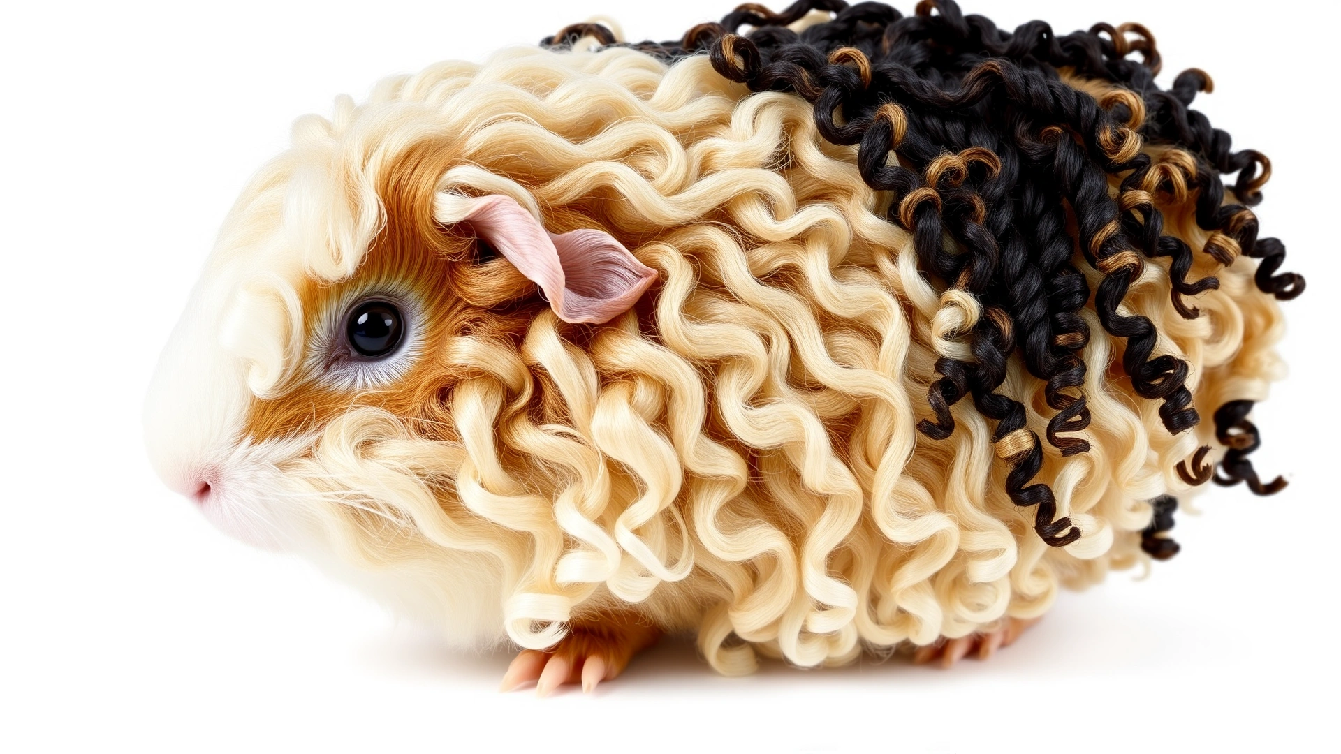 Texel guinea pig with dense curly ringlets covering its body, posed on a white background, no text