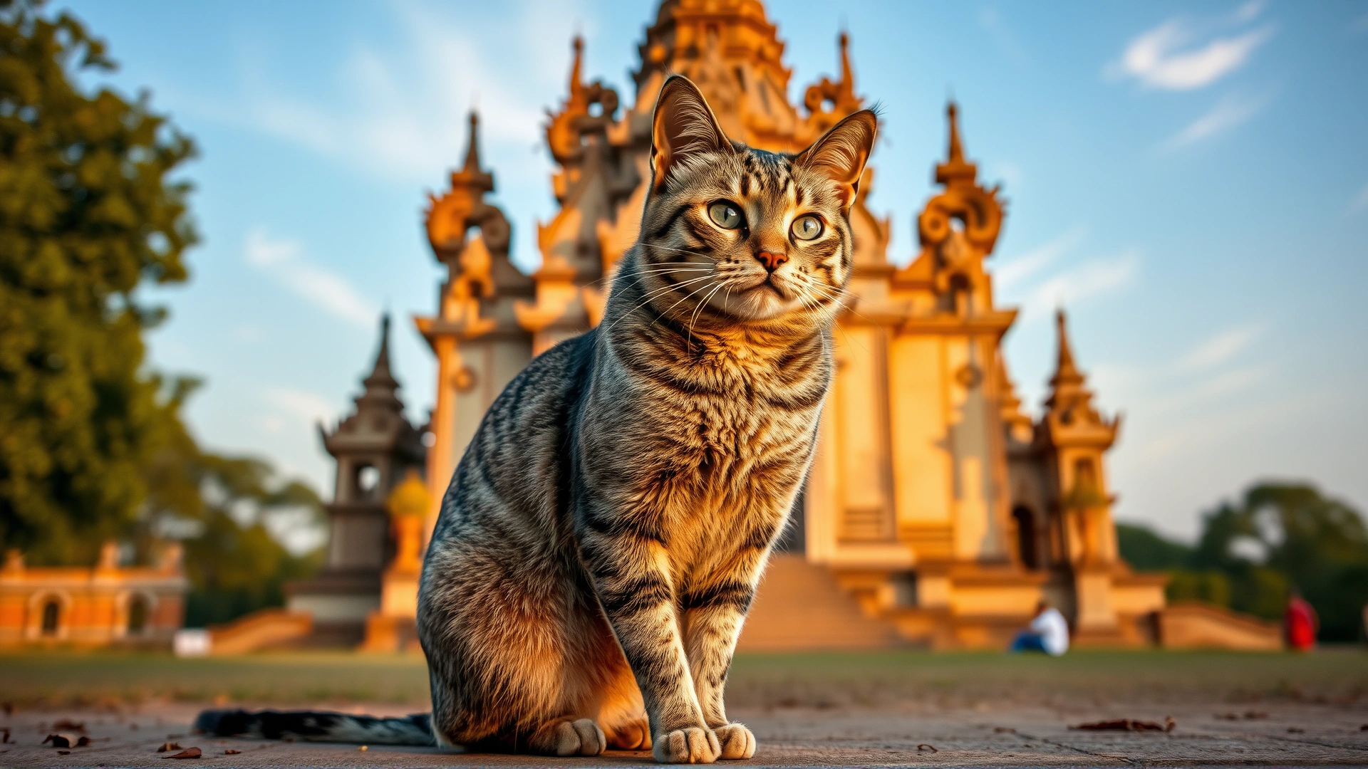 A Korat cat sitting gracefully in front of an ancient Thai temple in Phimai during golden hour, emphasizing the breed's Thai origins
