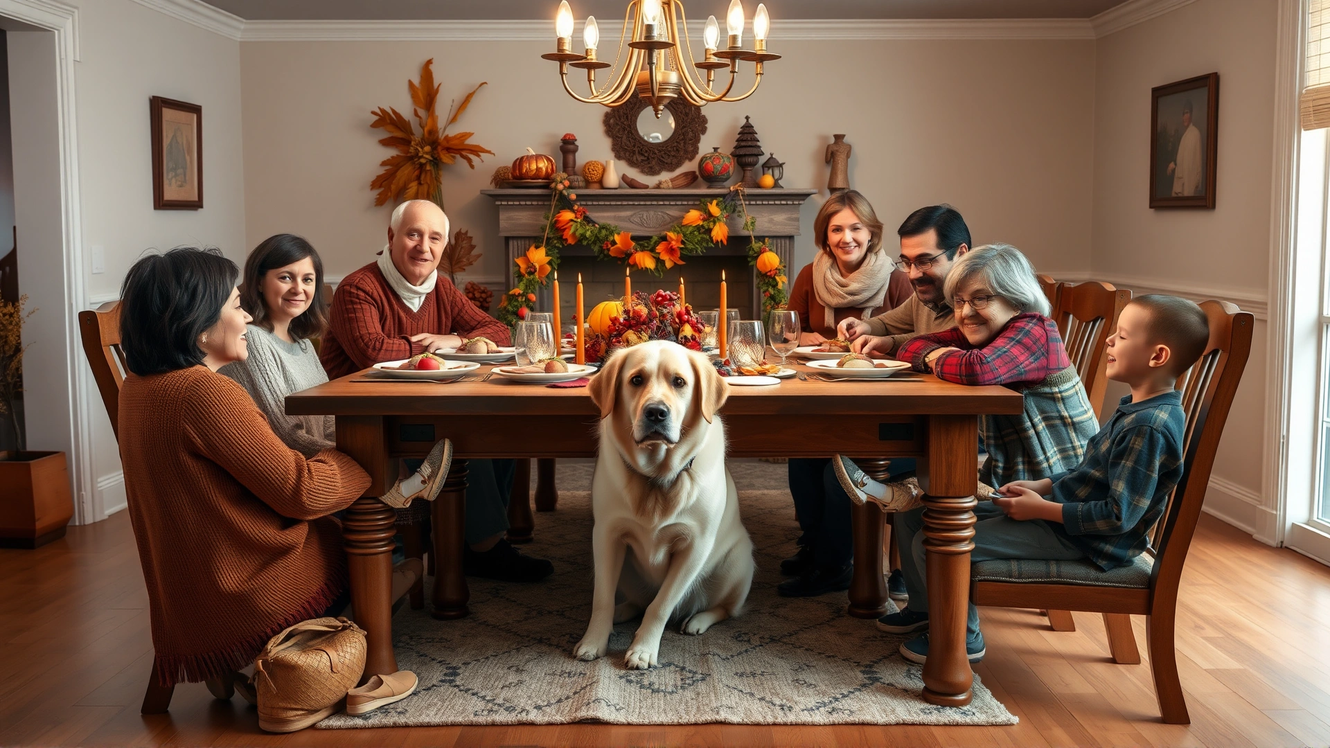 Wide shot of a family gathered at a festive Thanksgiving table with fall décor, while a well-behaved dog sits politely near the table.