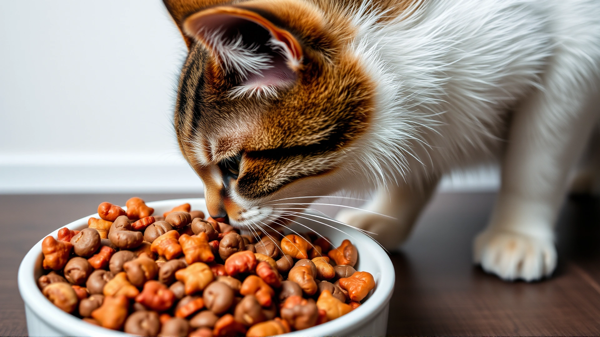 Close-up of a bowl filled with specialized kidney-support cat kibble, with a curious cat sniffing the food