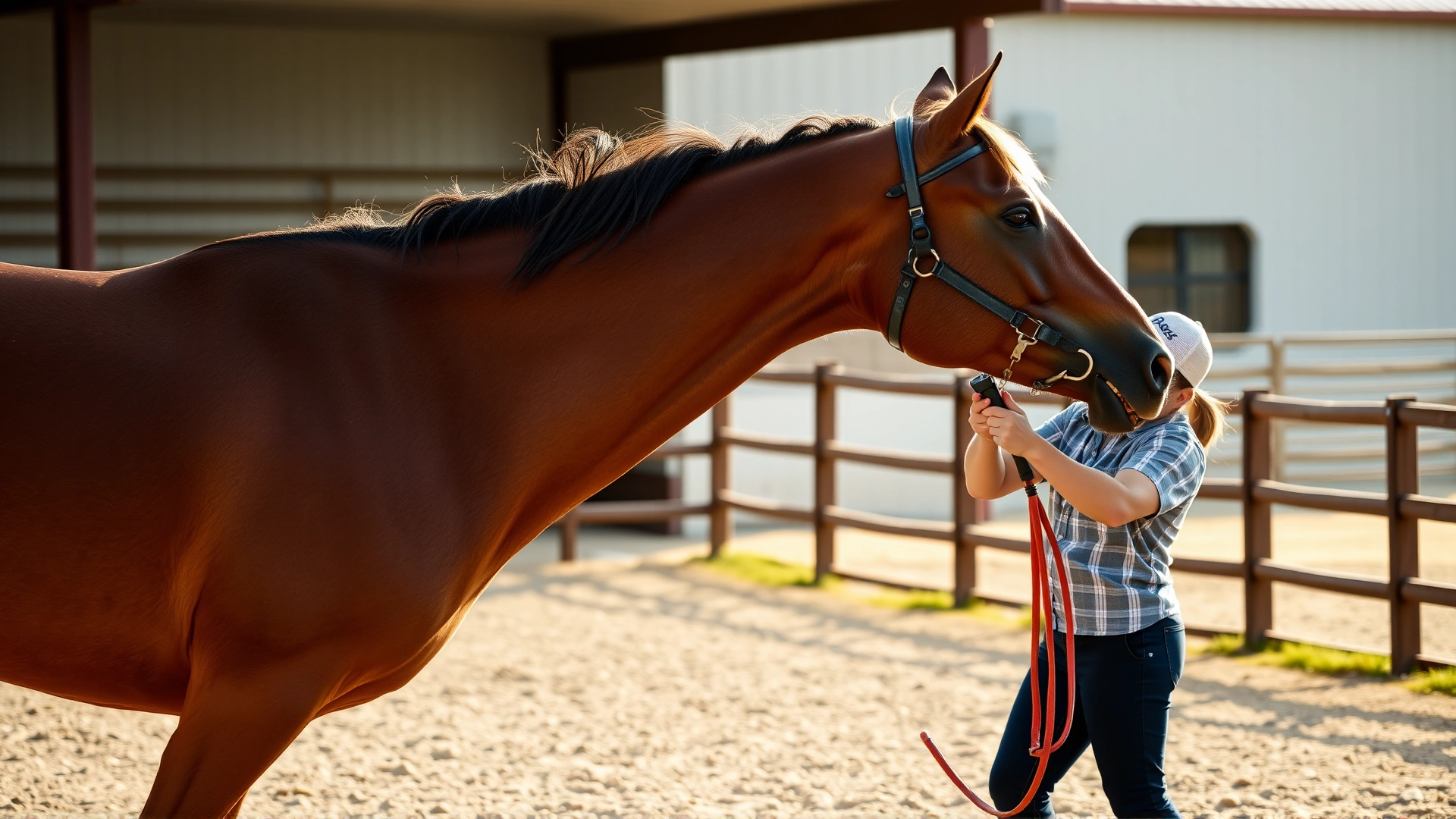 Horse performing a carrot stretch exercise guided by a trainer in an outdoor arena, soft afternoon light