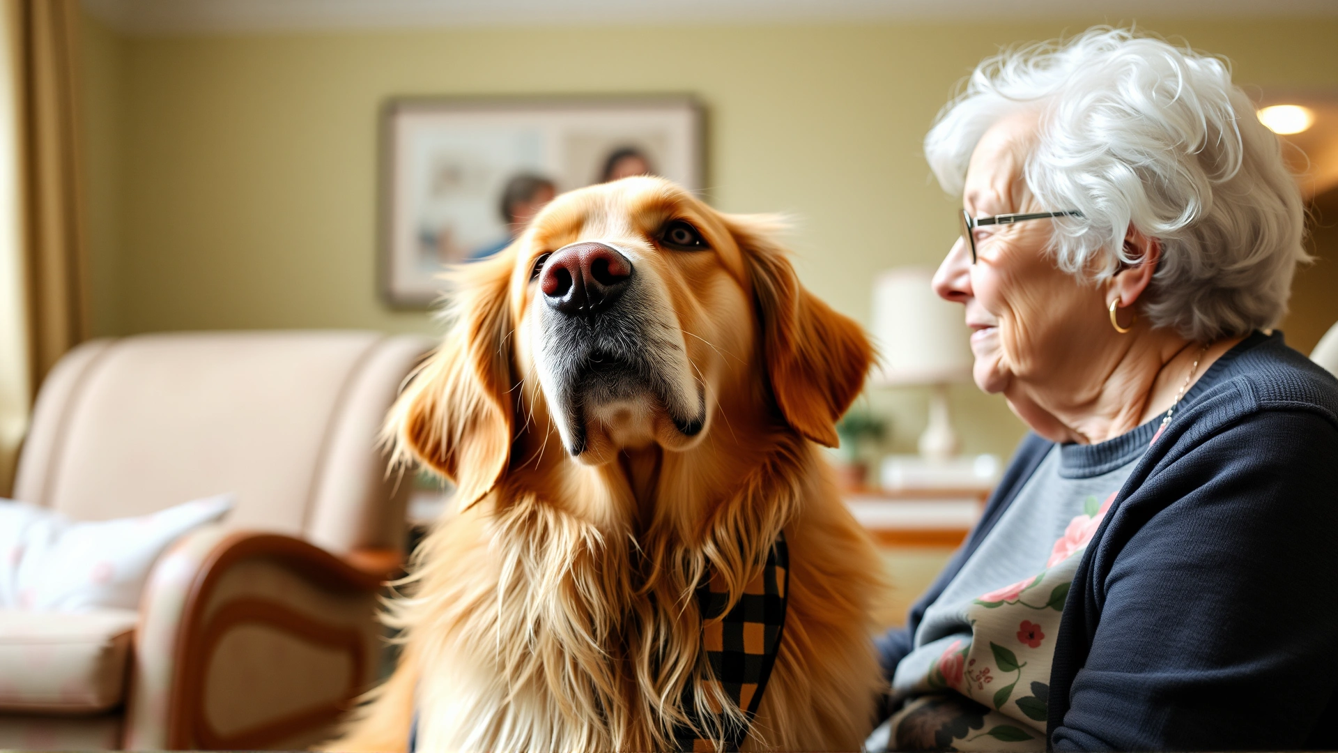 Calm golden retriever wearing a therapy dog bandana visiting an elderly woman in a nursing home.