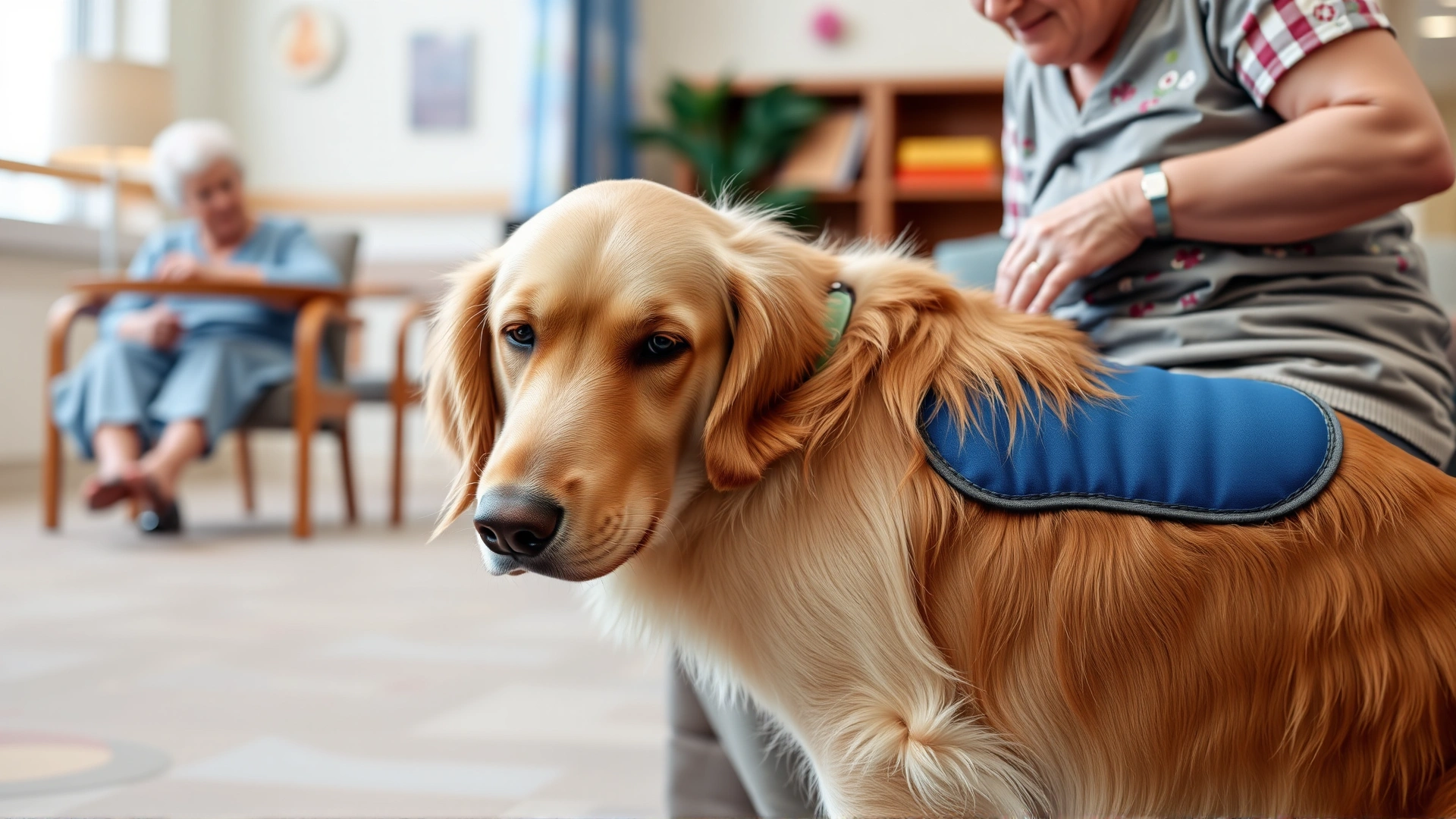 Golden Retriever wearing a blue therapy vest gently resting its head on the knees of an elderly patient in a nursing home common area.