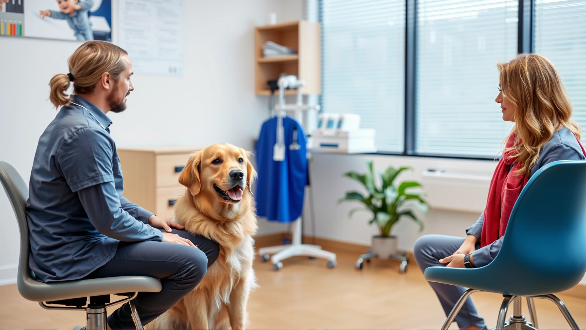 Professional therapy session where a Golden Retriever sits beside a patient and therapist, bright clinical room