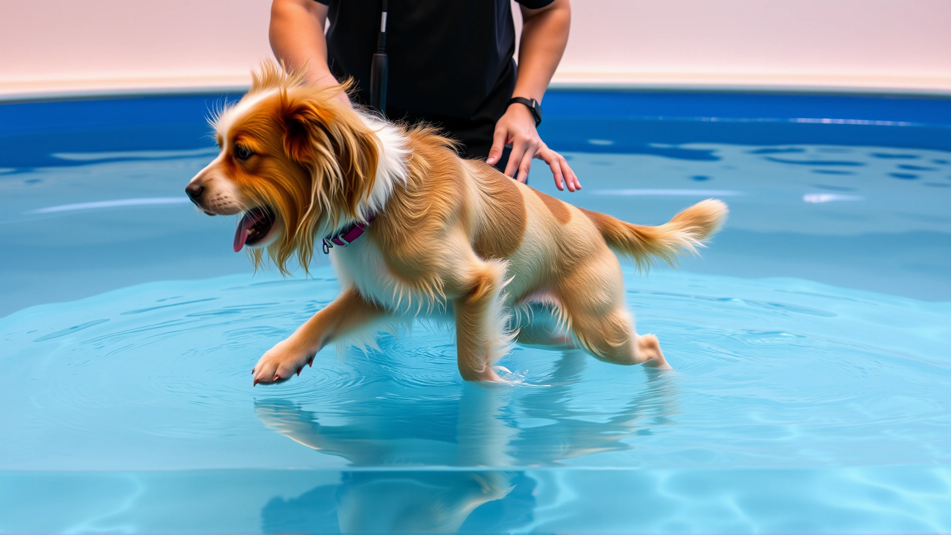 Dog walking on an underwater treadmill during hydrotherapy session, clear water tank, therapist's hands visible guiding the dog