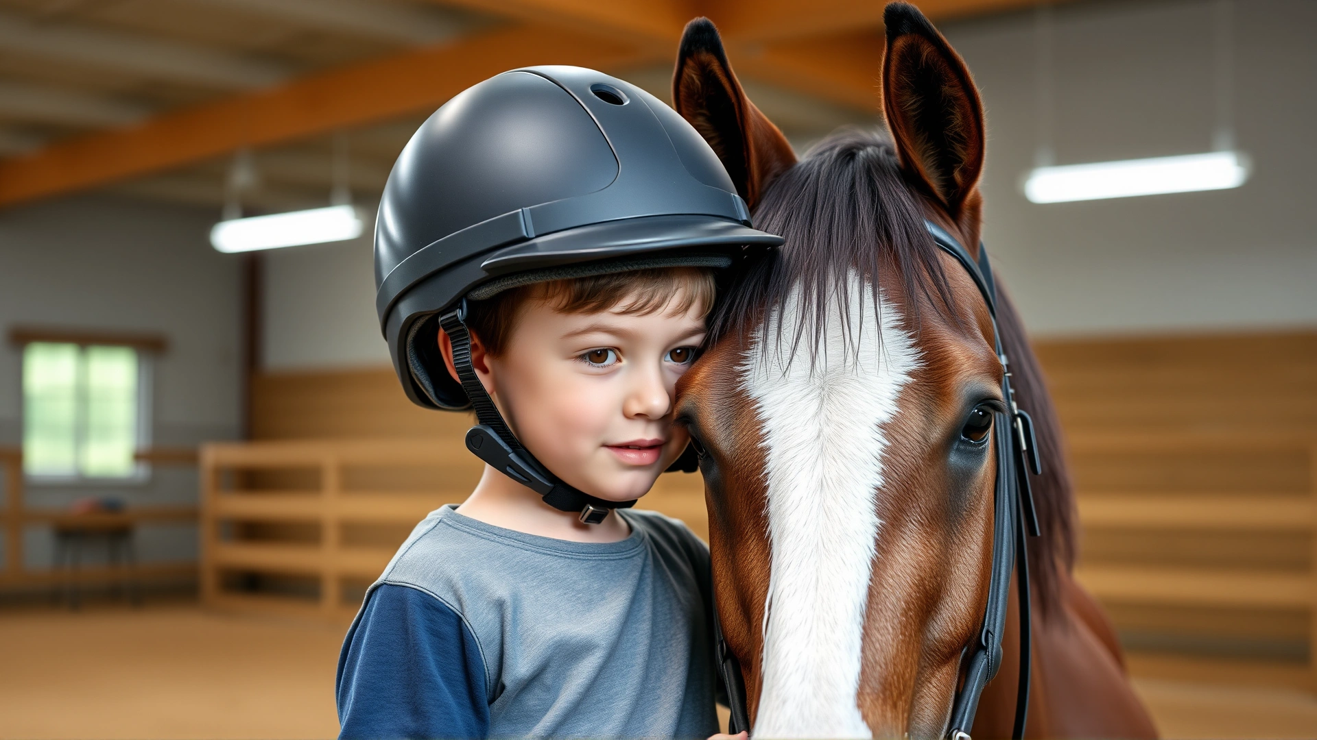 Young child in a riding helmet gently petting a calm Haflinger during an equine therapy session in an indoor arena.