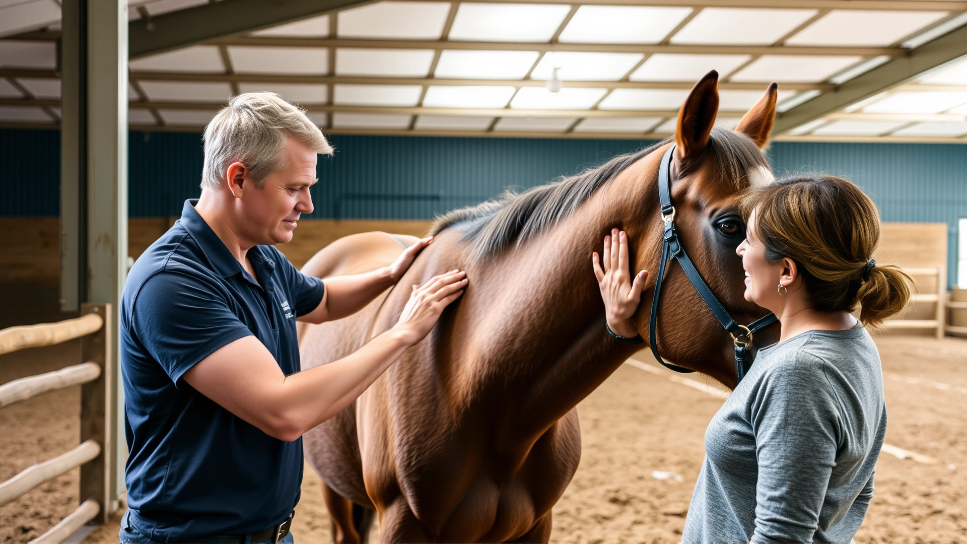 Indoor therapy arena where a licensed therapist assists an adult client brushing a gentle horse, conveying interaction process.