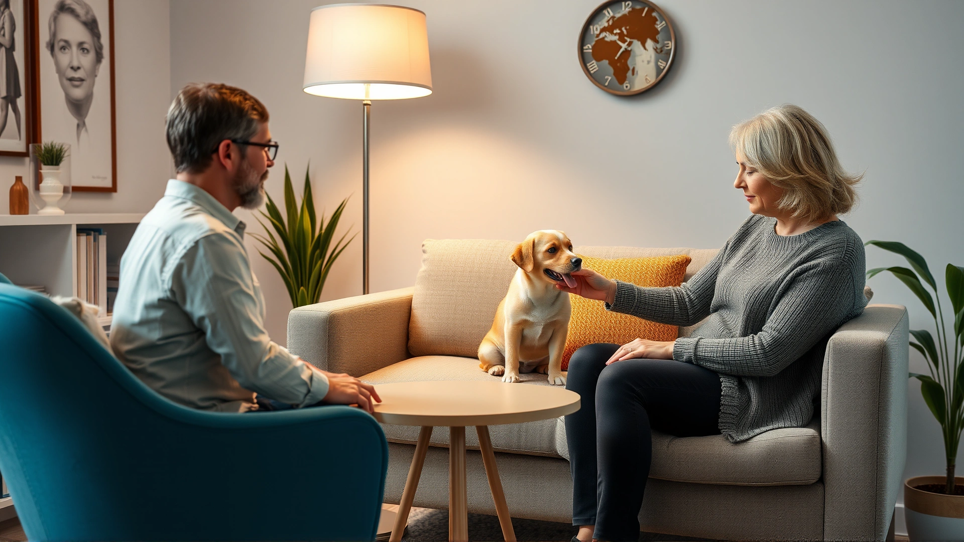 A calm therapy office where a licensed therapist sits across from a patient petting a small dog that’s sitting on the sofa between them.