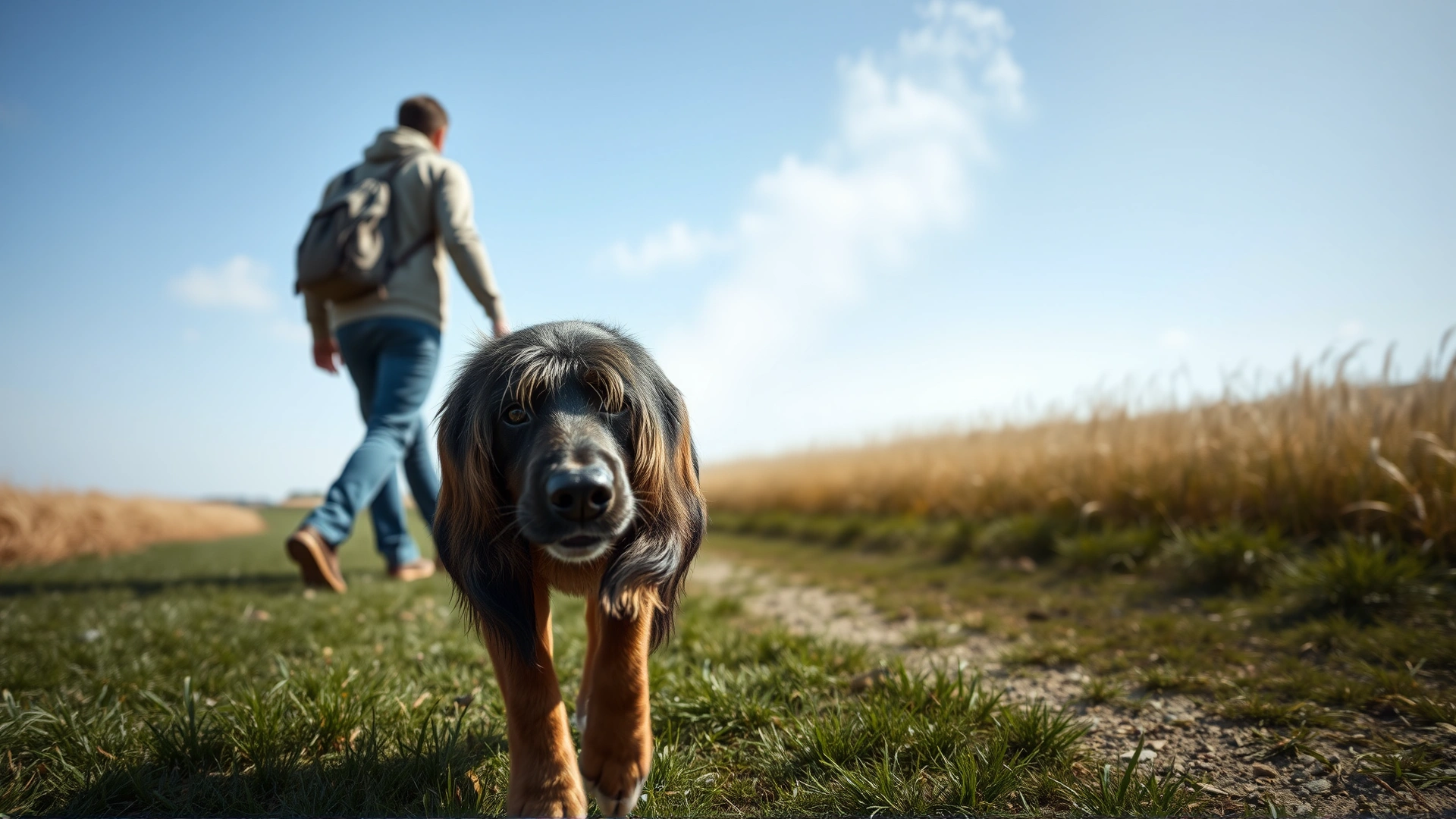 Side-view of a dog following an invisible scent plume rising behind a walking person, with subtle visual cues like heat haze to illustrate the concept.
