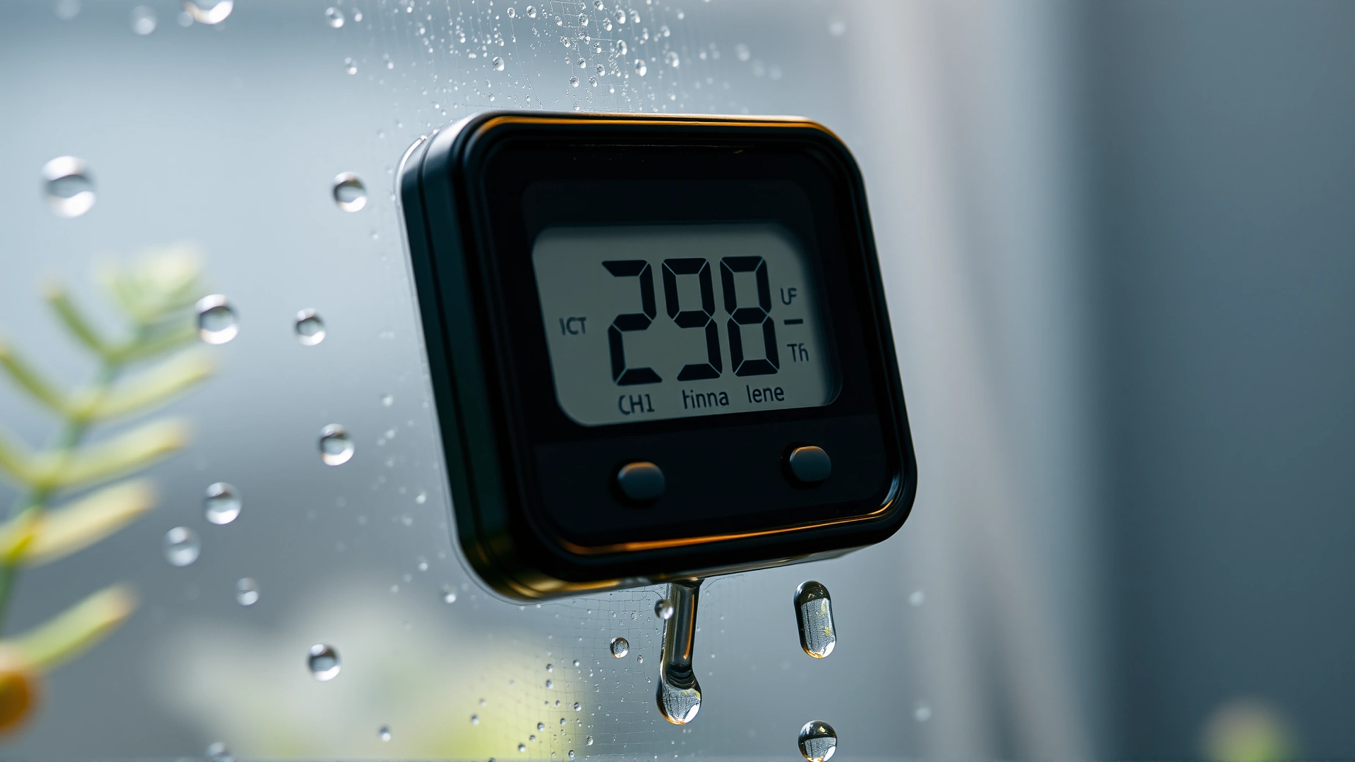 Close-up of a digital thermometer and hygrometer attached to the inside wall of a terrarium, with condensation droplets visible