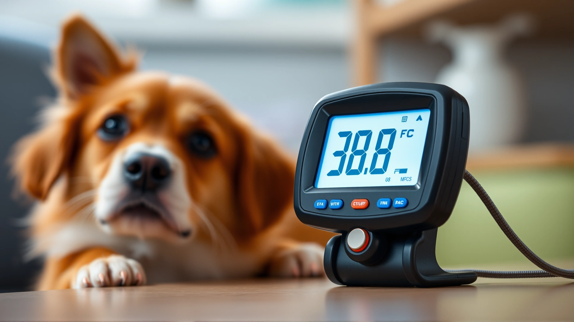 Digital thermometer display showing 38.8°C in a pet-friendly environment, soft focus.