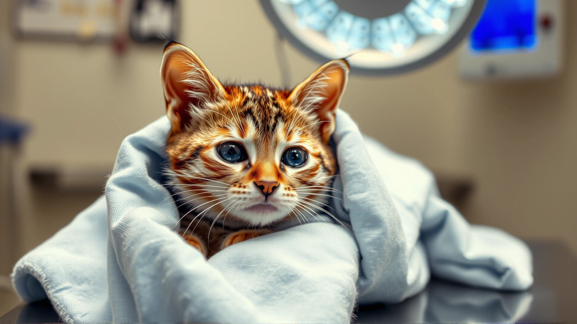 Small cat wrapped in a warming blanket on a stainless steel surgical table under gentle operating lights.