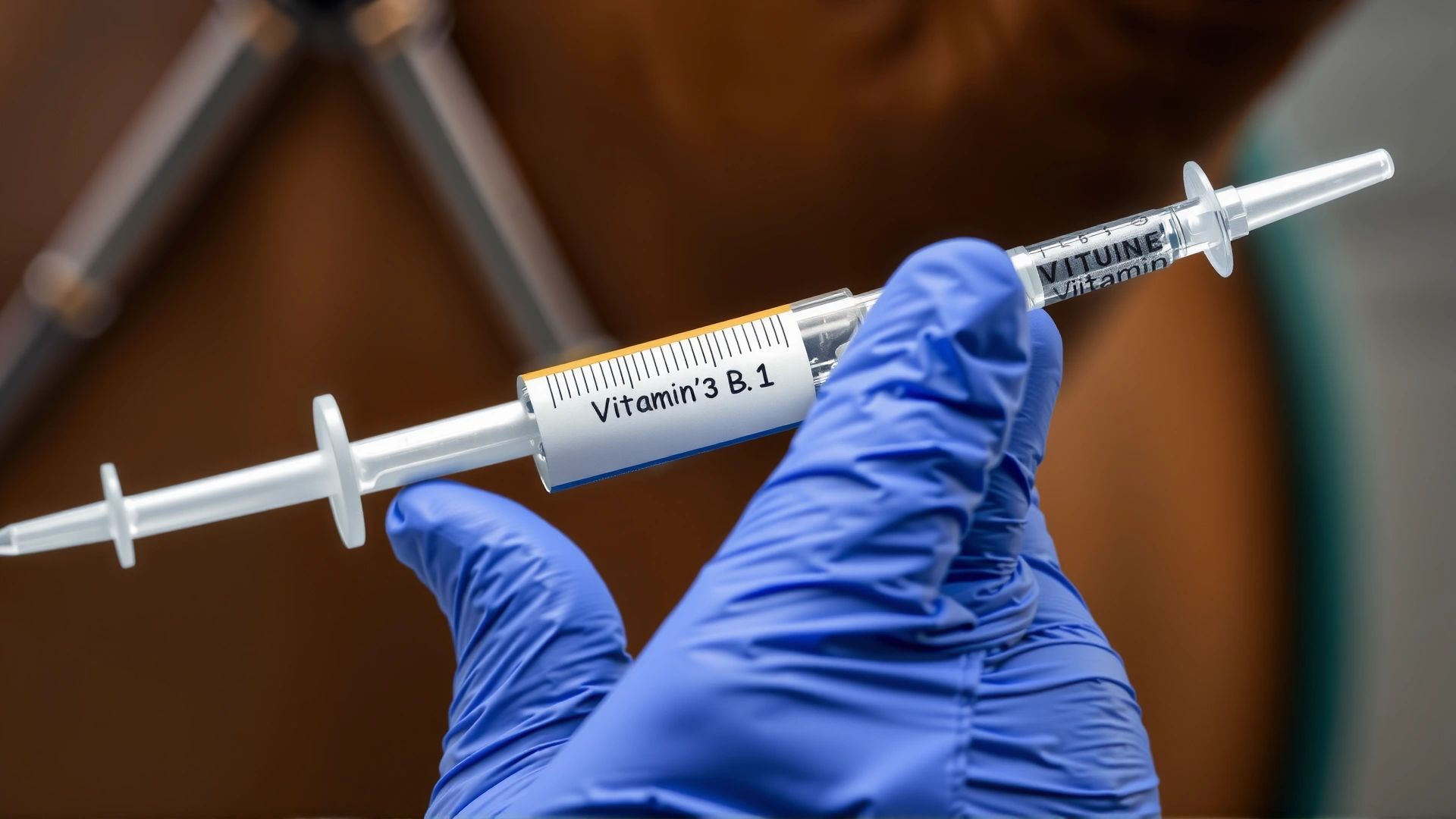 Close-up of a veterinarian’s gloved hand holding a syringe labeled ‘Vitamin B1’ (label partially obscured) preparing to inject a horse’s neck, no text