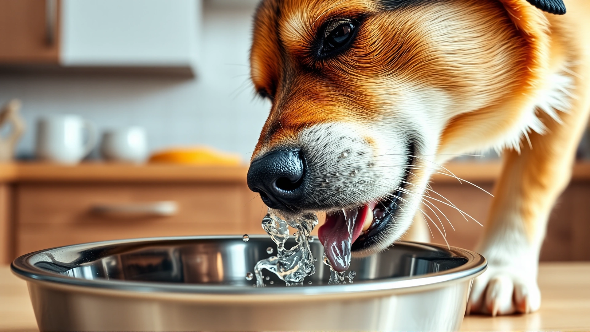 Close-up of a dog eagerly drinking water from a stainless-steel bowl, droplets splashing, bright kitchen background