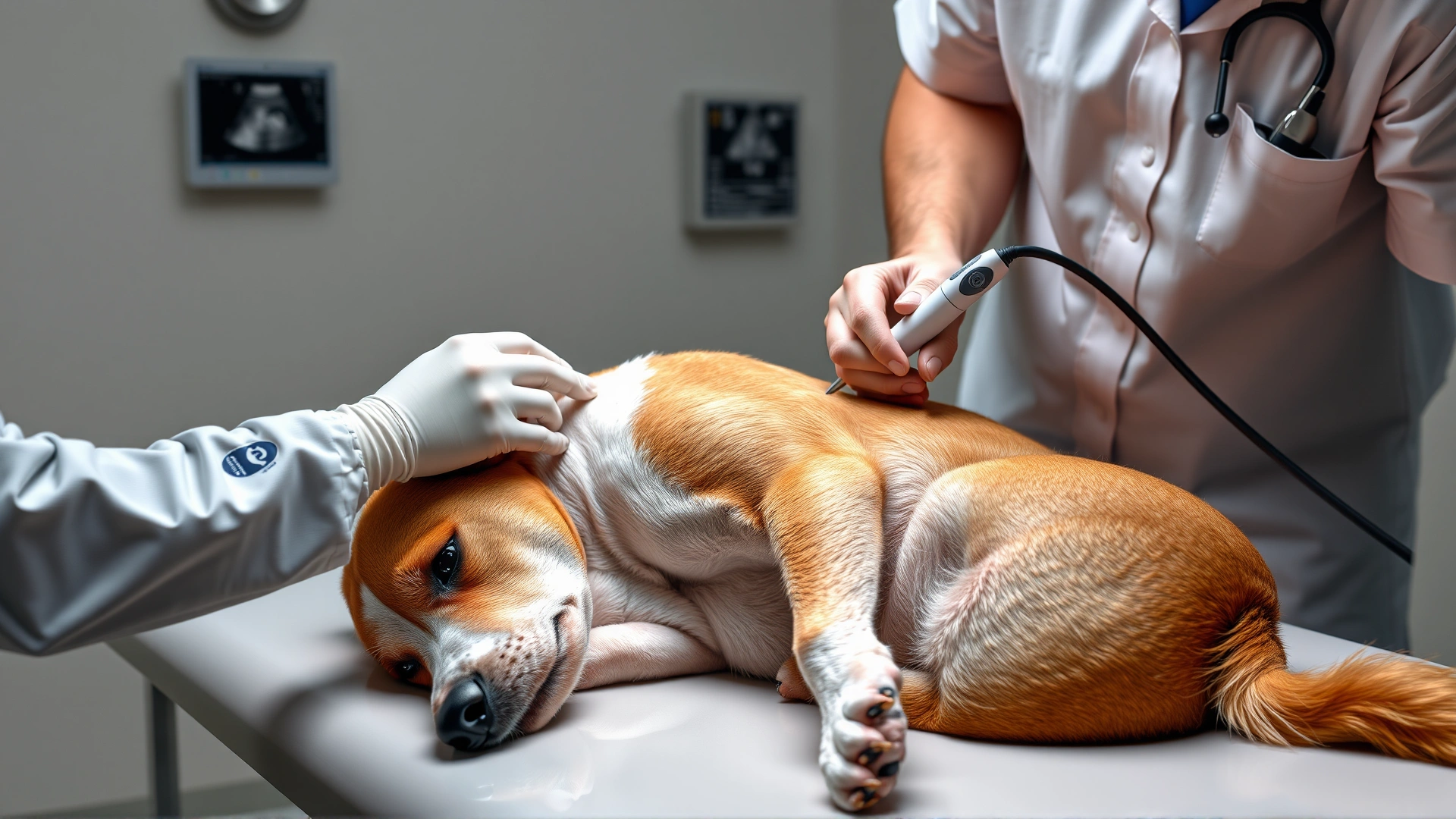 Veterinarian performing thoracocentesis on a sedated dog on an examination table, with ultrasound probe guiding the needle insertion.