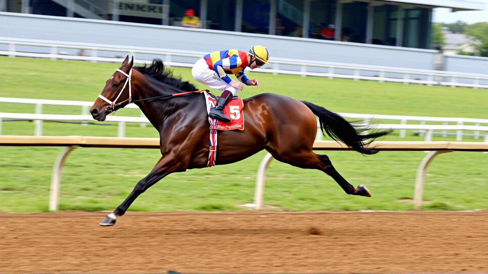 An English Thoroughbred sprinting on a professional dirt racetrack, jockey in colorful silks leaning forward for speed.