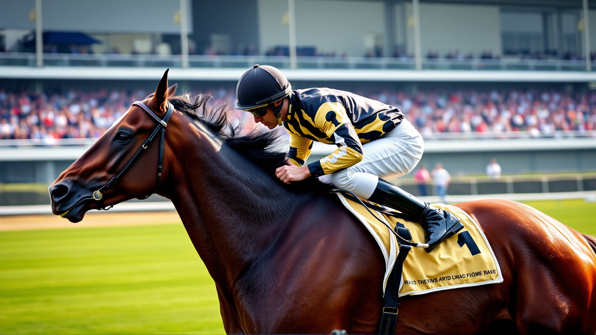 Action shot of a Thoroughbred and jockey leaning forward during a professional racetrack race, grandstands slightly blurred in background