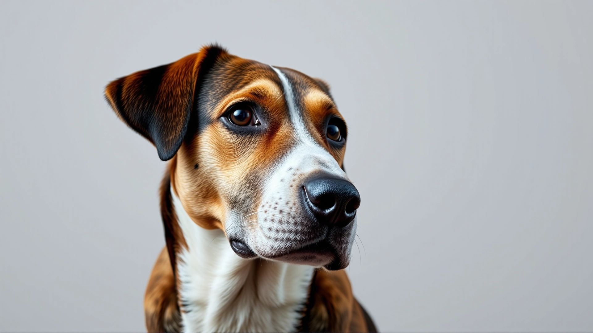 Medium shot of a thoughtful adult dog tilting its head as if listening, neutral background, soft lighting