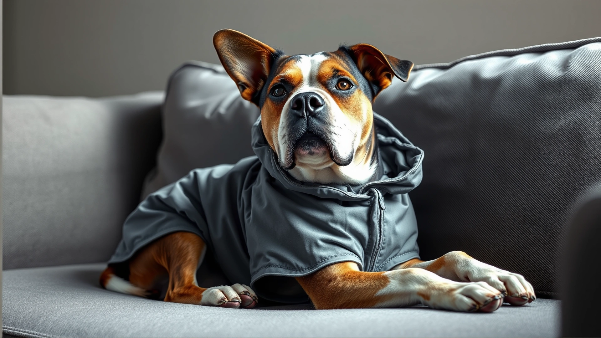 Medium shot of a dog wearing a gray pressure wrap jacket sitting calmly on a sofa, looking content